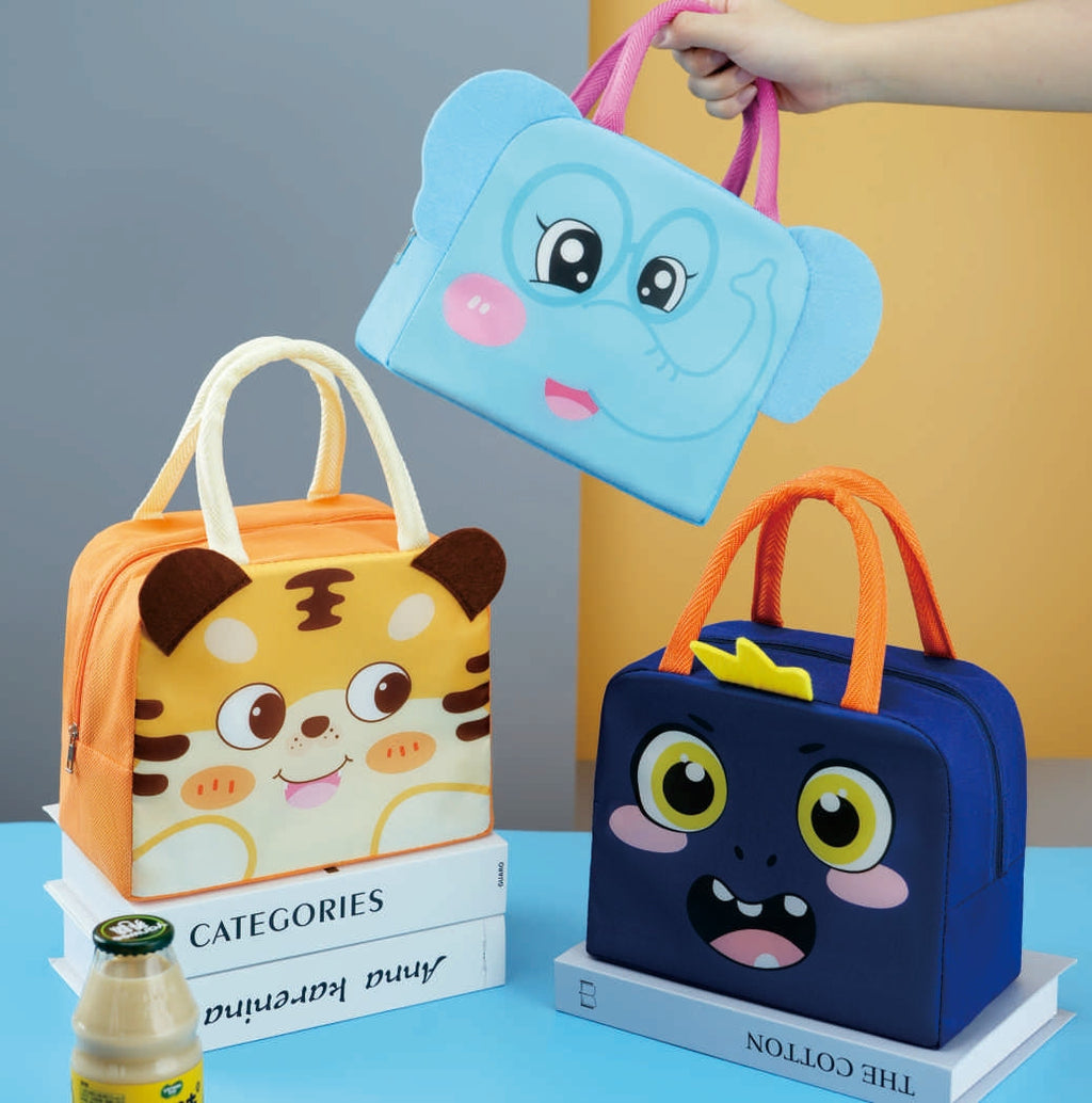 Cartoon Face Insulated Lunch Bag – Kids Thermal Tote (Elephant, Tiger, Dino)