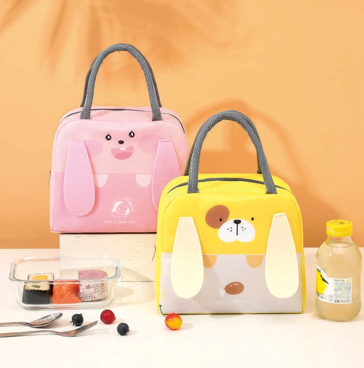 Cute Dog & Bunny Ear Insulated Lunch Bag – Kids Thermal Tote (Pink & Yellow)