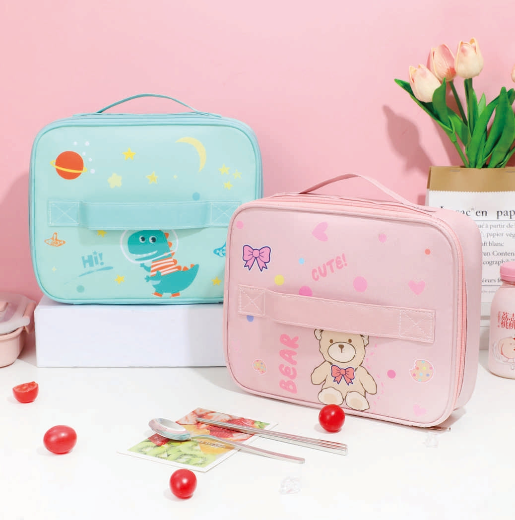 Bear Print Rectangular Insulated Lunch Bag – Kids & Adults Thermal Tote (Green, Pink)