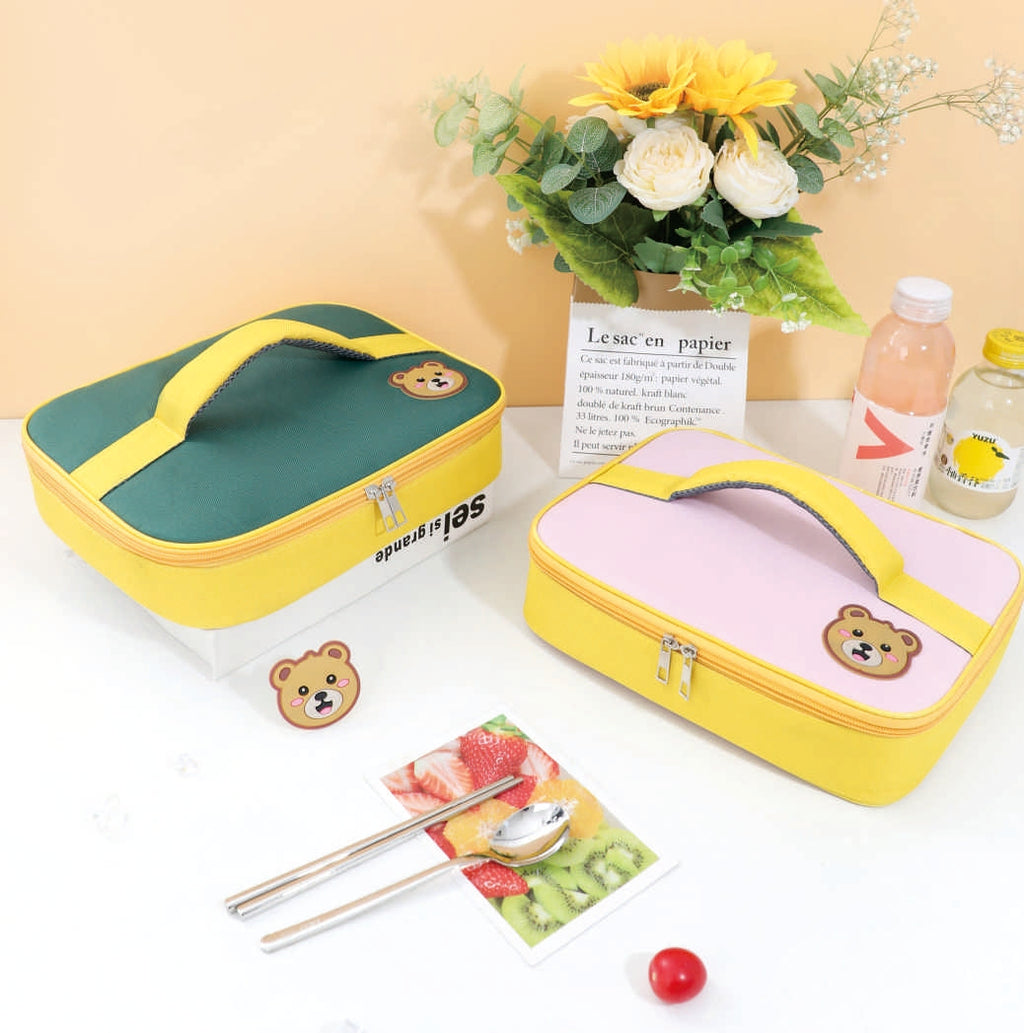 Bear Print Rectangular Insulated Lunch Bag – Kids & Adults Thermal Tote (Green, Pink)